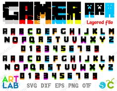 an old school computer font with different colors and letters in the style of pixel art