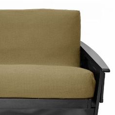 a chair with a brown cover on it and black frame around the armrests