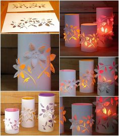 paper flowers and leaves are lit up in different ways