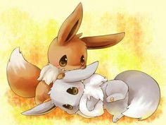 an image of two pokemons hugging each other on the same page, one is white and the other is brown