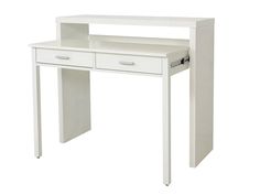 a white desk with two drawers and a shelf on the top, against a white background