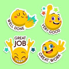 four stickers with different emoticions that say great job, work, well done