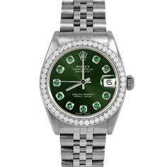 SKU#: 6827-SS-GRN-EMD-AM-BDS-JBLPre-Owned Rolex 6827 Midsize 31mm Datejust Watch, Custom Green Emerald Dial & Custom 1ct Diamond Bezel on Rolex Stainless Steel Jubilee Band Model#: 6827 Case: Rolex 31mm Stainless Steel Case Movement: Rolex Automatic 2030 Caliber Dial: Custom Green Dial with Emerald Hour Markers (Not Made by Rolex) Bezel: Custom 1ct Diamond Bezel (Not Made by Rolex) Band: Rolex Stainless Steel Jubilee Band This Beautiful Watch Comes Fully Serviced, Polished, Time-Tested, Air/Wate