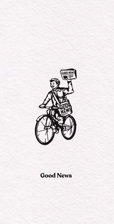 a drawing of a man riding a bike with a sign on it's back