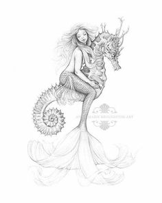 a pencil drawing of a mermaid holding a seahorse in her hand and sitting on top of