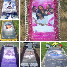 the memorial is decorated with pink flowers and pictures of women in white dresses on it