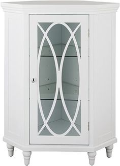 a white cabinet with glass doors on the front and side shelves in the middle, against a white background