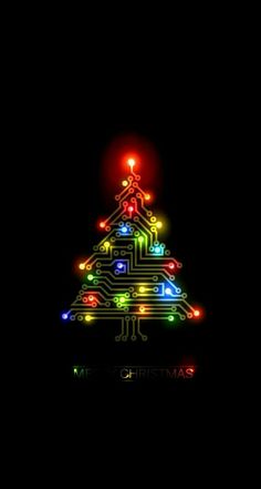 a christmas tree made out of circuit board with lights on it and the words merry christmas written