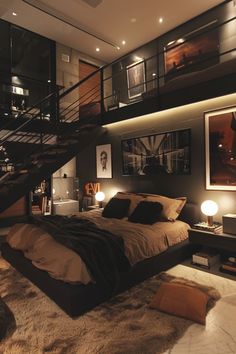 Guy’s Bedroom Ideas, Modern Room Inspiration, Black Cozy Room, Monochrome Room Bedroom Ideas, Home Room Design Bedrooms, House With Personality, Men Room Aesthetic, 3 Person Bedroom, Men Room Design Bedrooms