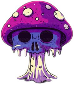 a purple mushroom with white dots on it's head and the bottom half covered in water