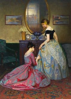 an image of two women in dresses looking at each other