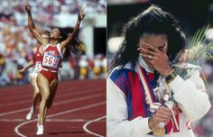 two women running on a track and one holding flowers