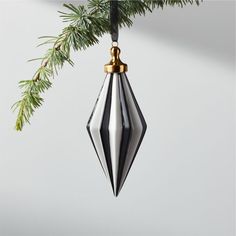 an ornament hanging from a christmas tree with a pine branch in the background