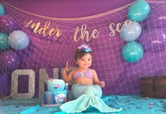 Mermaid Birthday Smash Cake, Oneder The Sea 1st Birthday Photoshoot, Mermaid Smash Cake One Year Old, Little Mermaid First Birthday Party, Little Mermaid 1st Birthday Party, Mermaid 1st Birthday Party