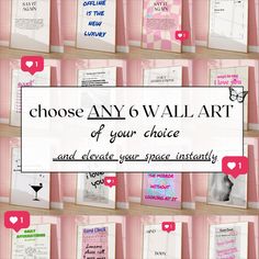 the wall is covered with many different types of cards and magnets that say choose any 6 wall art of your choice