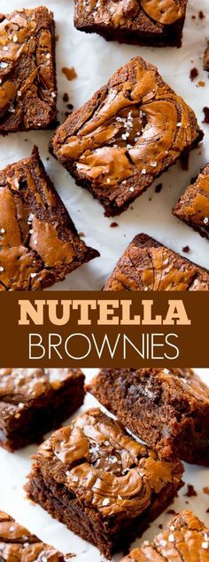 nutella brownies with chocolate chips on top and the words nutella brownies above them