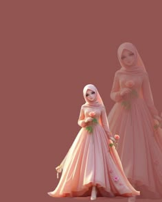 two mannequins dressed in wedding gowns with flowers on their heads, one wearing a hijab