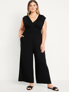 Waist-Defined Shirred Jumpsuit | Old Navy Jumpsuit Plus Size Outfit, Mid Size Fashion For Women Over 40, Wake Attire Funeral Women, Funeral Attire For Women Summer, Jumpsuit Outfit With Cardigan, Mid Size Fashion For Women, Curvy Petite Fashion Over 40, Shirred Jumpsuit, Business Jumpsuit