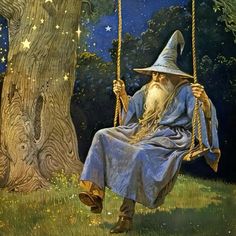 a painting of an old man sitting on a swing next to a tree with stars in the sky