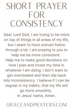 a prayer card with the words, short prayer for constency