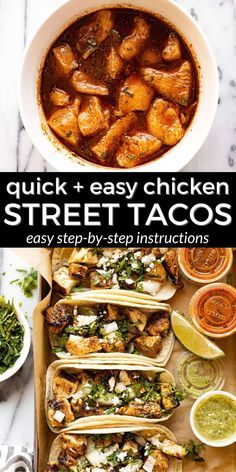 the cover of quick and easy chicken street tacos is shown in two different photos