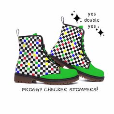 Clown in ultimate comfort in our Froggy Checker Kidcore Clown Shoes! These are made to last many seasons of happiness in vegan leather with rubber lug sole. Whether you are a professional clown or love maximalist kidcore fashion, these unique boots are totally YOU! Make a head-to-toe SPECTACLE of yourself when you pair these with the matching Froggy Check fashions🐸 Be extra #Clowncore #Maximalist let's gooooooooooooooooooo✌️ YESDOUBLEYES has FREE GLOBAL SHIPPING🌎 alt clown punk fashions for Pride fest, rave, Burning Man, music festivals, roller derby, funky drag groovy party wear Specially made-to-order and worth the wait! Original artwork by yesdoubleyes ❤️Fabric: PU vegan leather uppers, rubber sole ❤️Features: soft PU pleather feels comfy, rubber lug soles are sturdy and quiet ❤️Fit: Clowncore Shoes, Green Casual Platform Boots, Kidcore Clown, Clown Punk, Kidcore Fashion, Kawaii Alt, Monster Fashion, Costume Clown, Maximalist Outfits