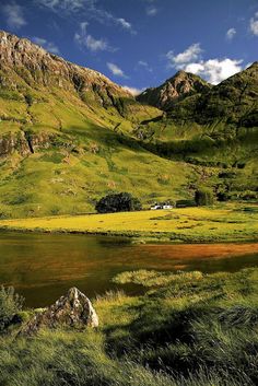 the mountains are covered in green grass and there is a small lake below that has yellow flowers growing on it