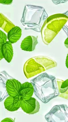 limes, mint leaves and ice cubes on a white background with watercolor