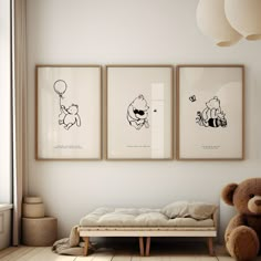 three framed pictures hang on the wall next to a bench with a teddy bear in it