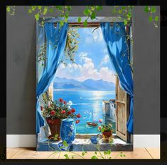 an open window with blue curtains and flowers