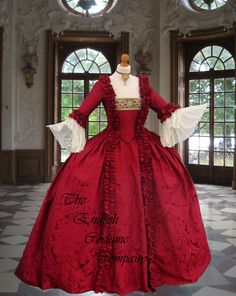 CLARET RED DAY GOWN  FULLY BONED. NO CORSET REQUIRED FOR BUST UPLIFT! THE MODEL IN THE VIDEO IS 5FT 9 AND SIZE 18 This magnificent representation of an era long since past is a gorgeous example of a style of gown so 'en vogue' during the reign of Marie Antoinette, the undisputed queen of fashion  THE FABRICS The beautiful Faux silk has a slub crisp texture and is the closest to real silk I have ever used.  It is a grey blue but I have had difficulty in capturing the colour.  May I suggest you se Day Gown, Marie Antoinette Dresses, Rose Braid, Victorian Ball, Antoinette Dress, 18th Century Dress, Rococo Fashion, Century Dress, Red Day