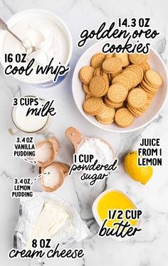 the ingredients to make lemonade cookies are shown in bowls and on top of a marble counter