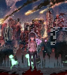 an anime character standing in front of a cityscape at night with people looking on