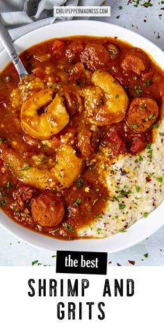 shrimp and grits in a white bowl with text overlay that reads the best shrimp and grits