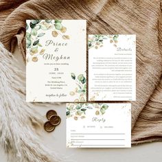 wedding stationery with gold foil and greenery