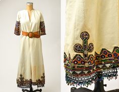 "Antique Balkan Folk Dress Heavy Embroidered Bavarian Bell Sleeve Costume Dress This dress is stunning. So many details. Heavy natural linen with intricate hand embroidery. Good vintage condition overall, some expected toning and some scattered stains to natural areas. Measurements  shoulders: 13.5\" bust: 38\" sleeve: 14.5\" hips: 46\" length: 49\"" Folk Dress, Folk Dresses, Folk Fashion, Costume Dress, Blue Denim Jeans, Dress Clothes For Women, Natural Linen, Bell Sleeve, Hand Embroidery