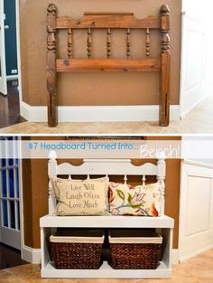 the before and after pictures show how to make a headboard turned into a bench