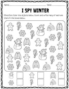 i spy winter worksheet with pictures and words to help students learn how to spell