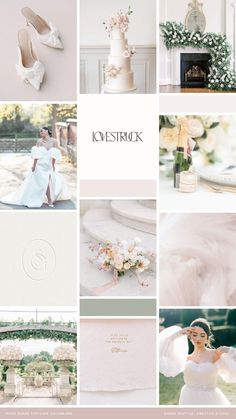 a collage of wedding photos with flowers and bride's shoes in the background