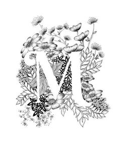 the letter m is surrounded by flowers and leaves in black and white on a white background