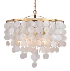 a chandelier with white discs hanging from it's golden metal frame and chain