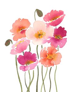 watercolor painting of pink and red flowers