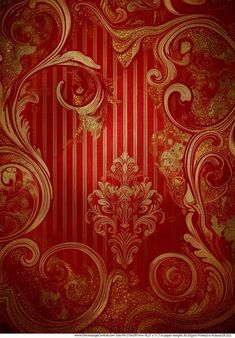 an ornate red and gold wallpaper with stripes