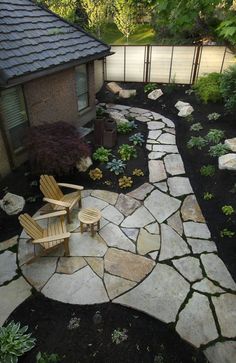 an outdoor patio area with chairs and graveled path leading to the back of a house