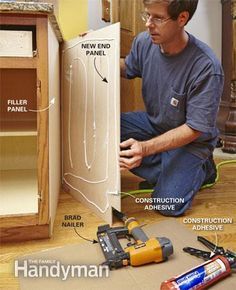 a man sitting on the floor next to some construction tools and an open cabinet door