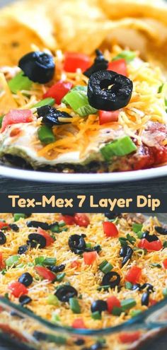 two different types of mexican food with text overlay that reads tex - mex 7 layer dip