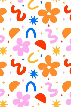 colorful flowers and stars on a white background with pink, orange, blue, yellow and red colors