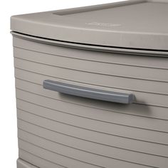 a large gray storage box with handles on the top and bottom, sitting against a white background