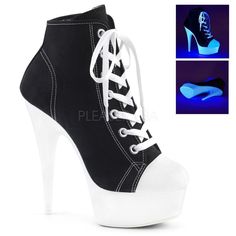 DELIGHT-600SK-02 Platform Ankle Boot | Black Canvas-Pleaser-Black-Ankle Boots-SEXYSHOES.COM Sneaker High Heels, Hak Tinggi, White Platform Sneakers, Plateau Sneaker, 6 Inch Heels, Womens Black Booties, High Heels Boots, Pleaser Shoes, Girly Shoes