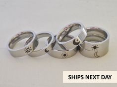 Please be aware there are potential delays currently as royal mail staff are going on strike which may result in your item arriving after the estimated delivery. Stainless Steel couple rings set. Laser engraved with sun and moon images. Rings have a width of 4 or 6mm depending on your choosing. 9 different styles to choose and the option to get an inside engraving to make it even more special. Has a minimalist design to match any outfit. All orders are shipped within 1 business day. If you have Sun And Moon Images, Sun And Moon Ring, Best Friend Rings, Sun And Moon Rings, Friend Rings, Moon Images, Couples Ring Set, Tutorials Drawing, Moon Ring